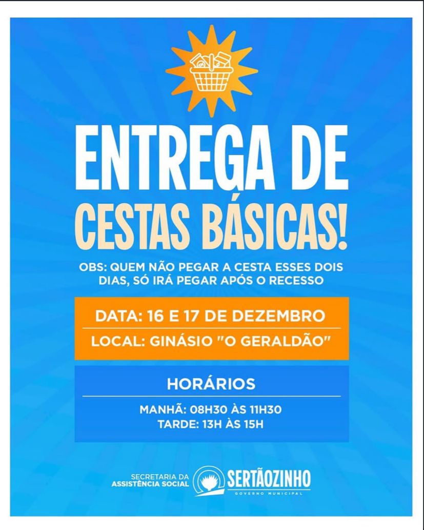 Assistência Social Realiza Entrega de Cestas Básicas nos Dias 16 e 17 de Dezembro