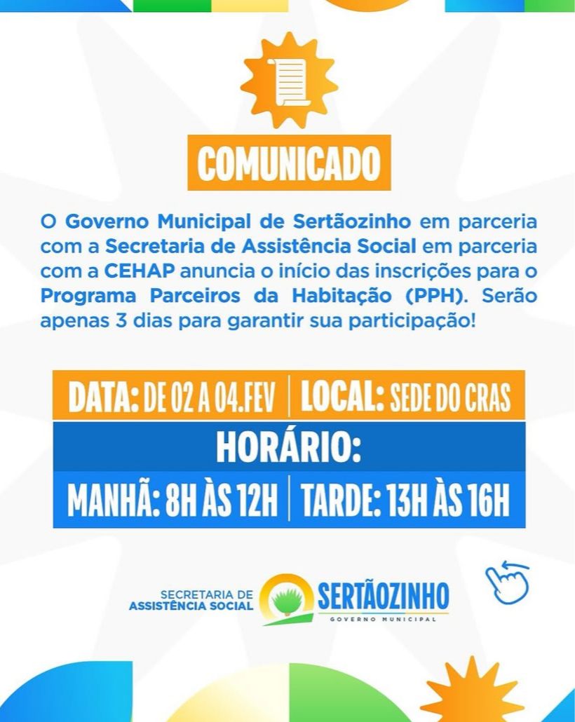 Abertas as inscrições para o programa Parceiros da Habitação (PPH) em Sertãozinho